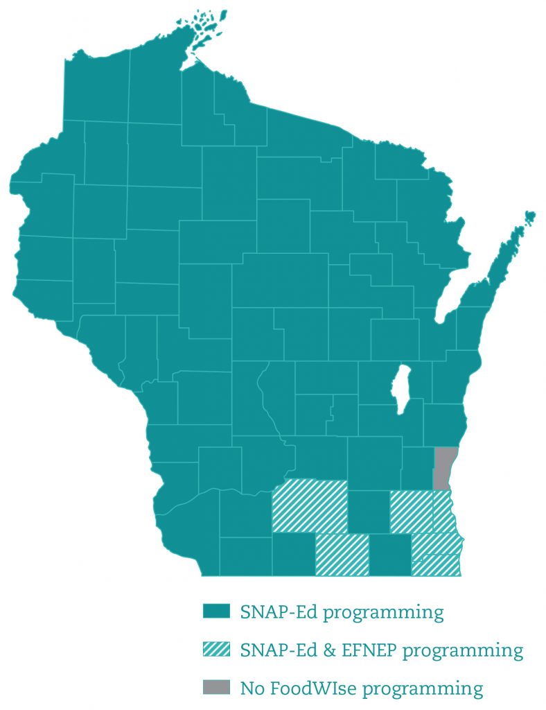 FoodWIse map of Wisconsin showing counties with educators