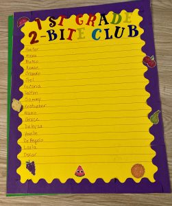 Purple and yellow poster with students’ names, fruit and vegetable stickers. This poster was used to track students’ efforts to try new foods.