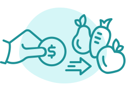 icon style illustration of exchanging money for fruits and vegetables